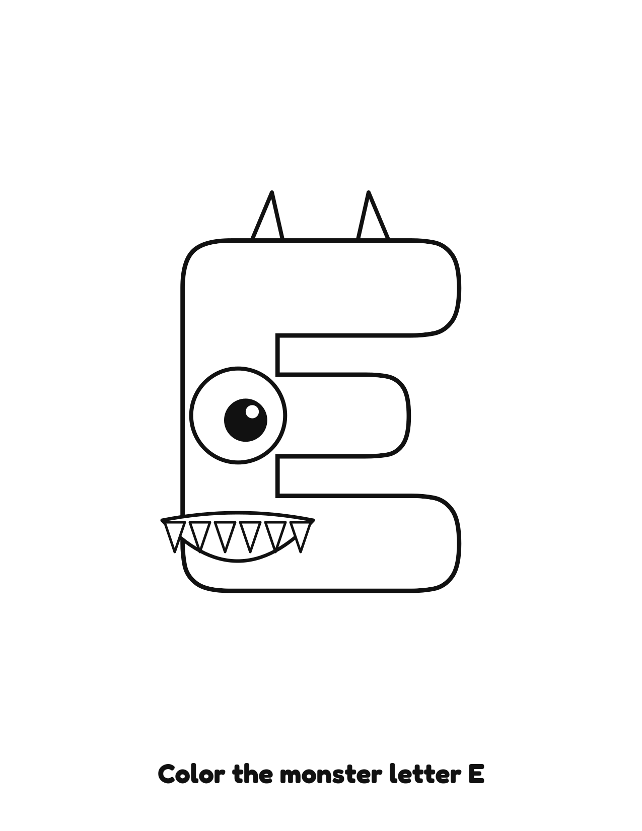 Halloween monster letter E uppercase alphabet coloring page with eyes and fangs