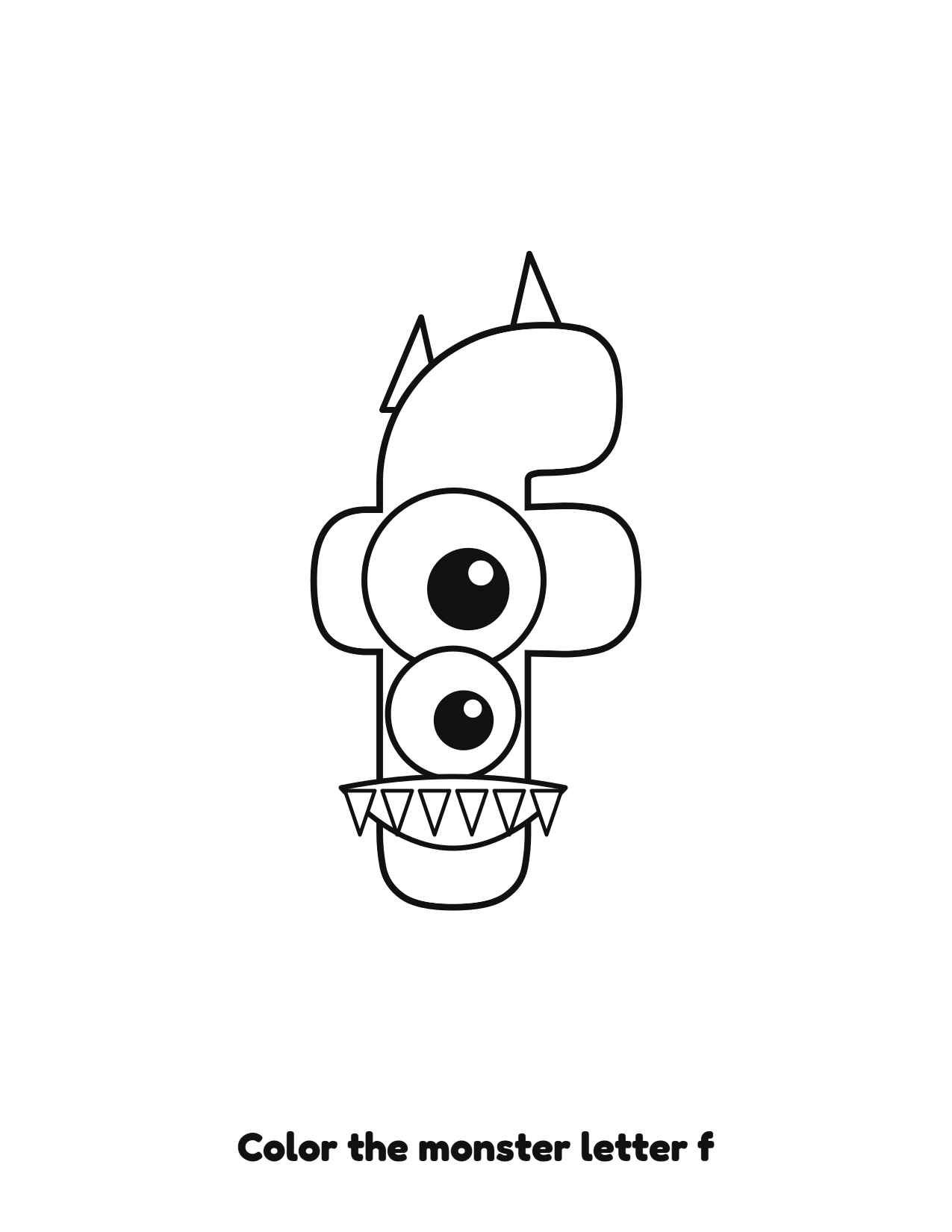 Halloween monster letter f lowercase alphabet coloring page with eyes and fangs