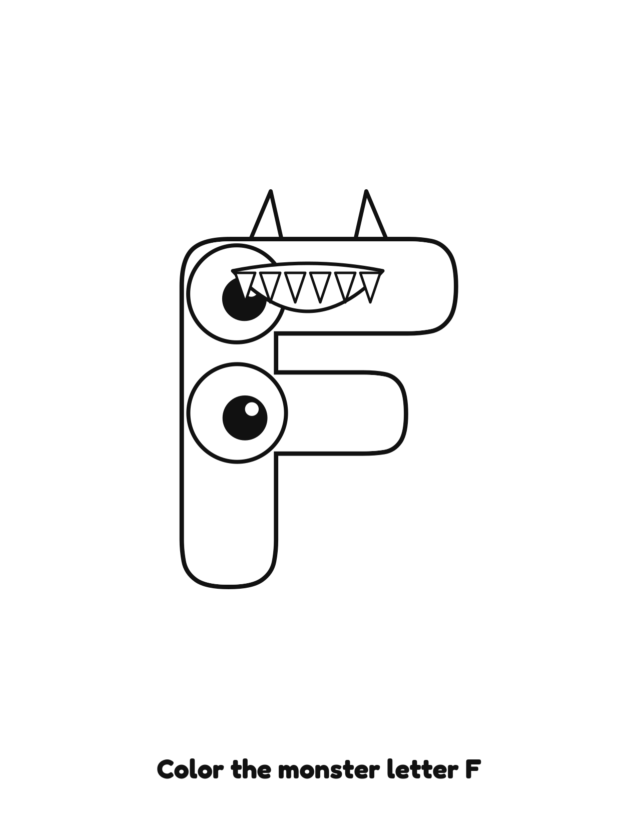 Halloween monster letter F uppercase alphabet coloring page with eyes and fangs