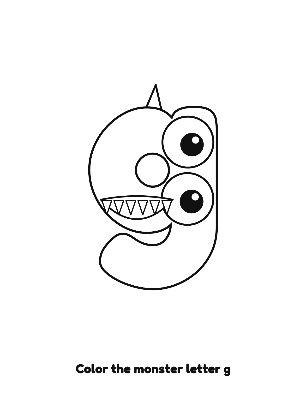 Halloween monster letter g lowercase alphabet coloring page with eyes and fangs