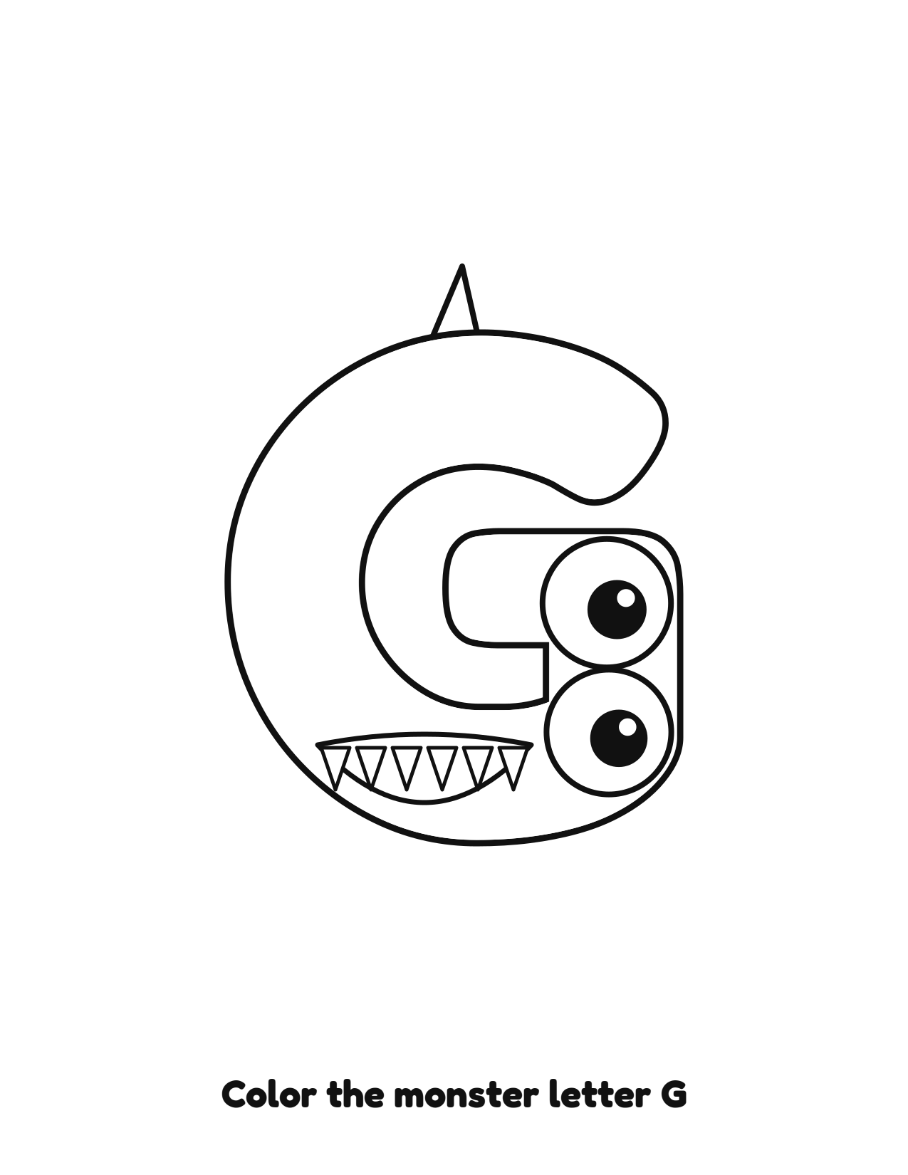 Halloween monster letter G uppercase alphabet coloring page with eyes and fangs
