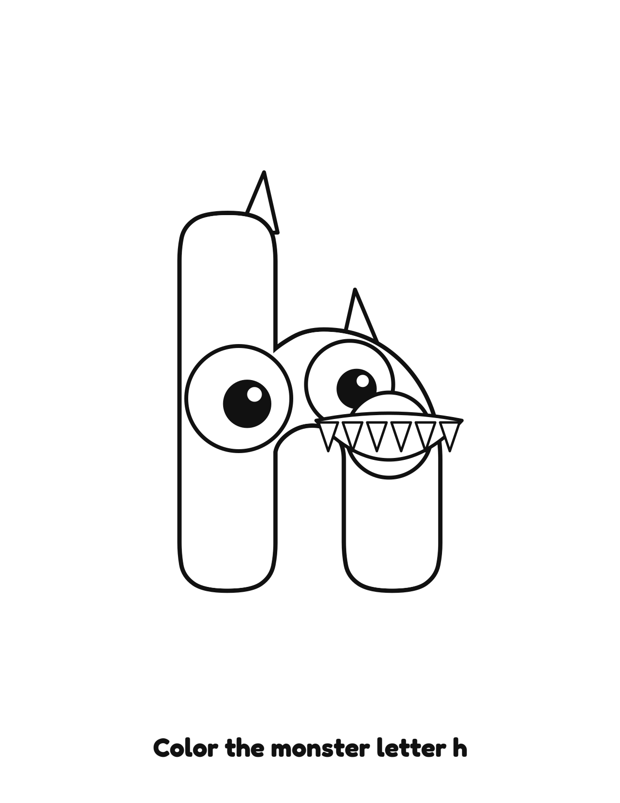Halloween monster letter h lowercase alphabet coloring page with eyes and fangs