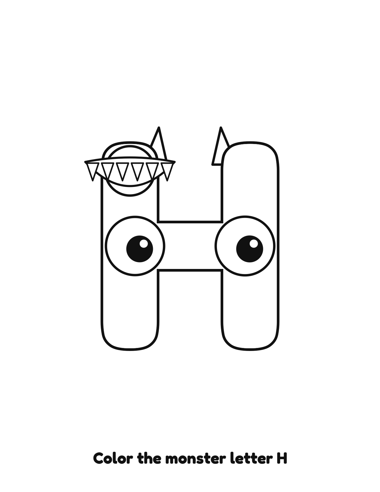 Halloween monster letter H uppercase alphabet coloring page with eyes and fangs