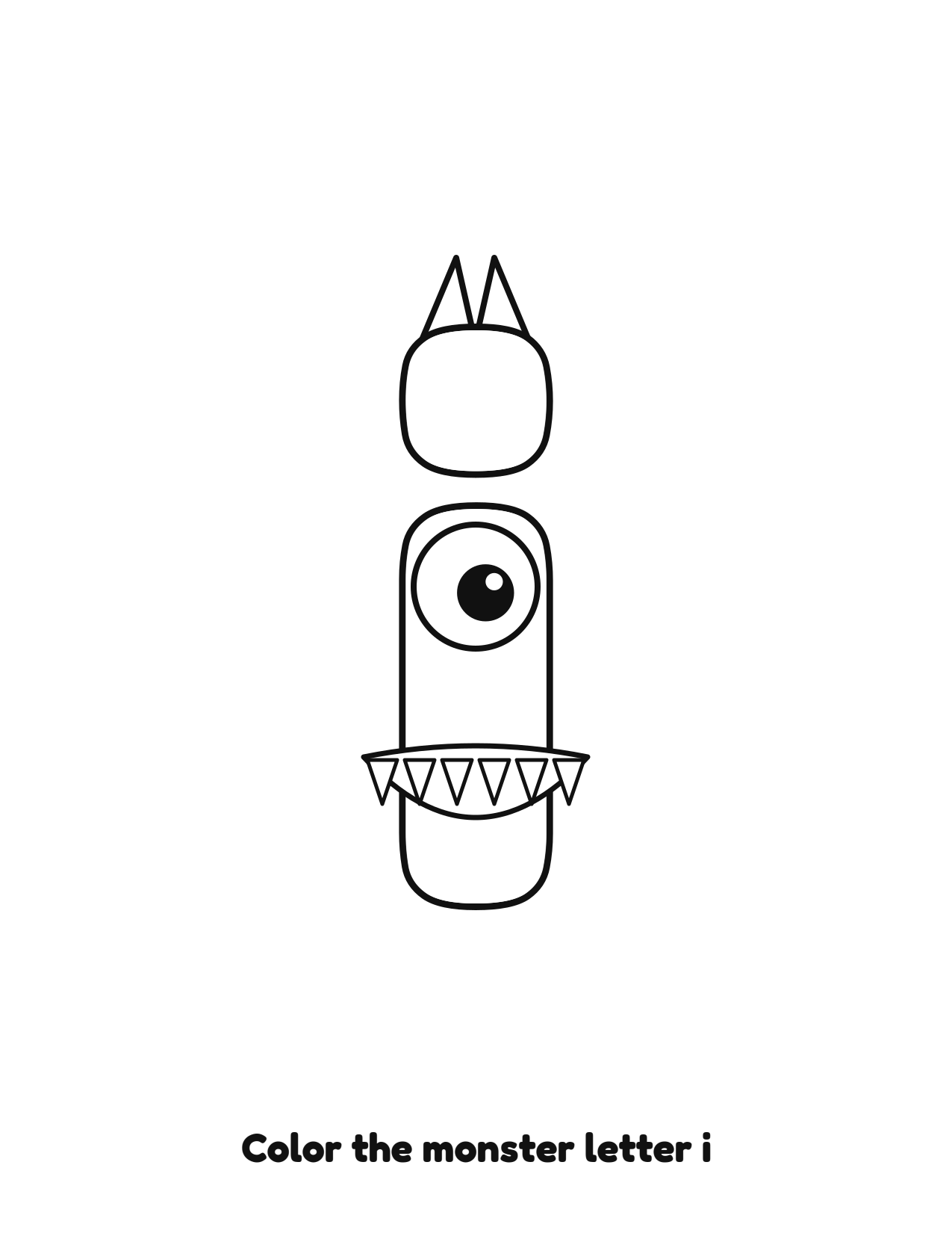 Halloween monster letter i lowercase alphabet coloring page with eyes and fangs