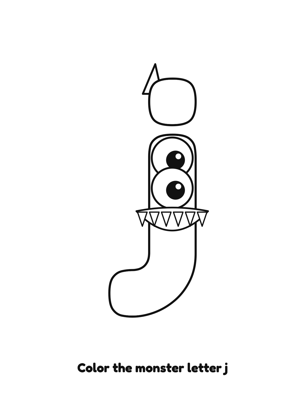 Halloween monster letter j lowercase alphabet coloring page with eyes and fangs
