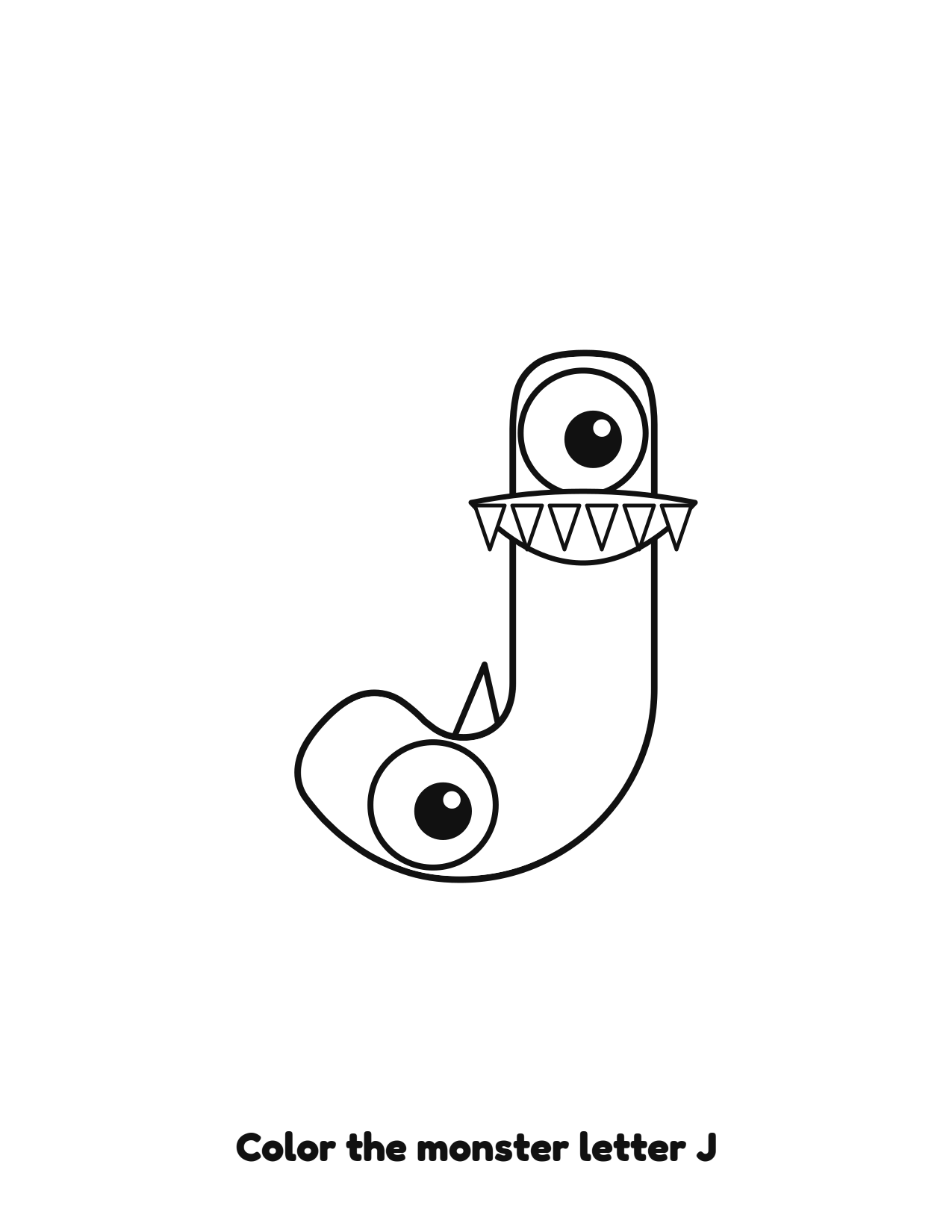 Halloween monster letter J uppercase alphabet coloring page with eyes and fangs