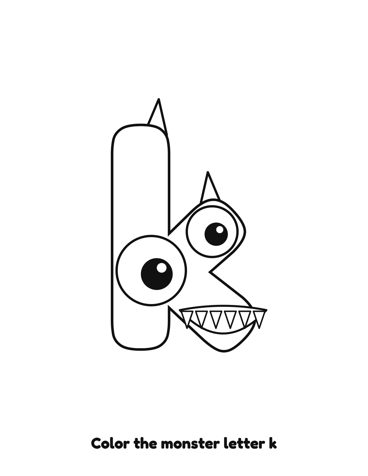 Halloween monster letter k lowercase alphabet coloring page with eyes and fangs