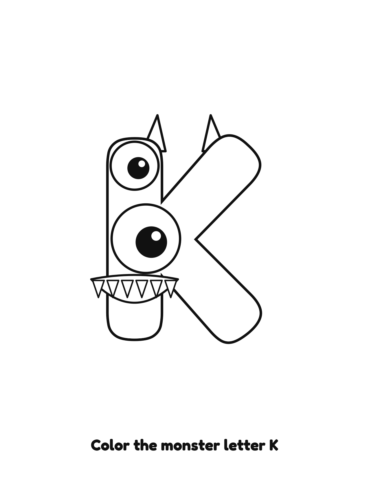 Halloween monster letter K uppercase alphabet coloring page with eyes and fangs