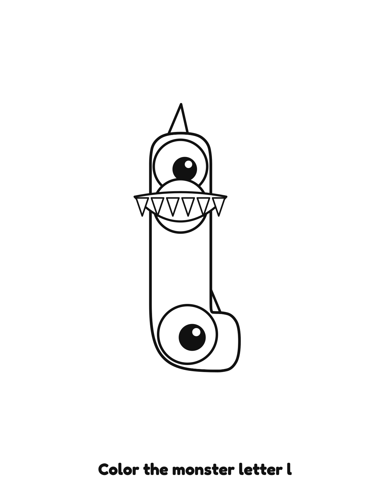 Halloween monster letter l lowercase alphabet coloring page with eyes and fangs