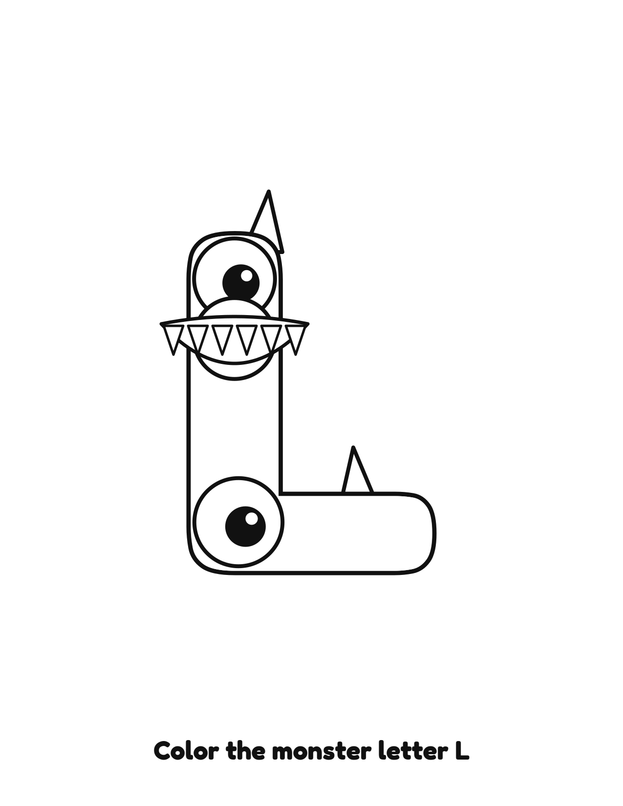 Halloween monster letter L uppercase alphabet coloring page with eyes and fangs