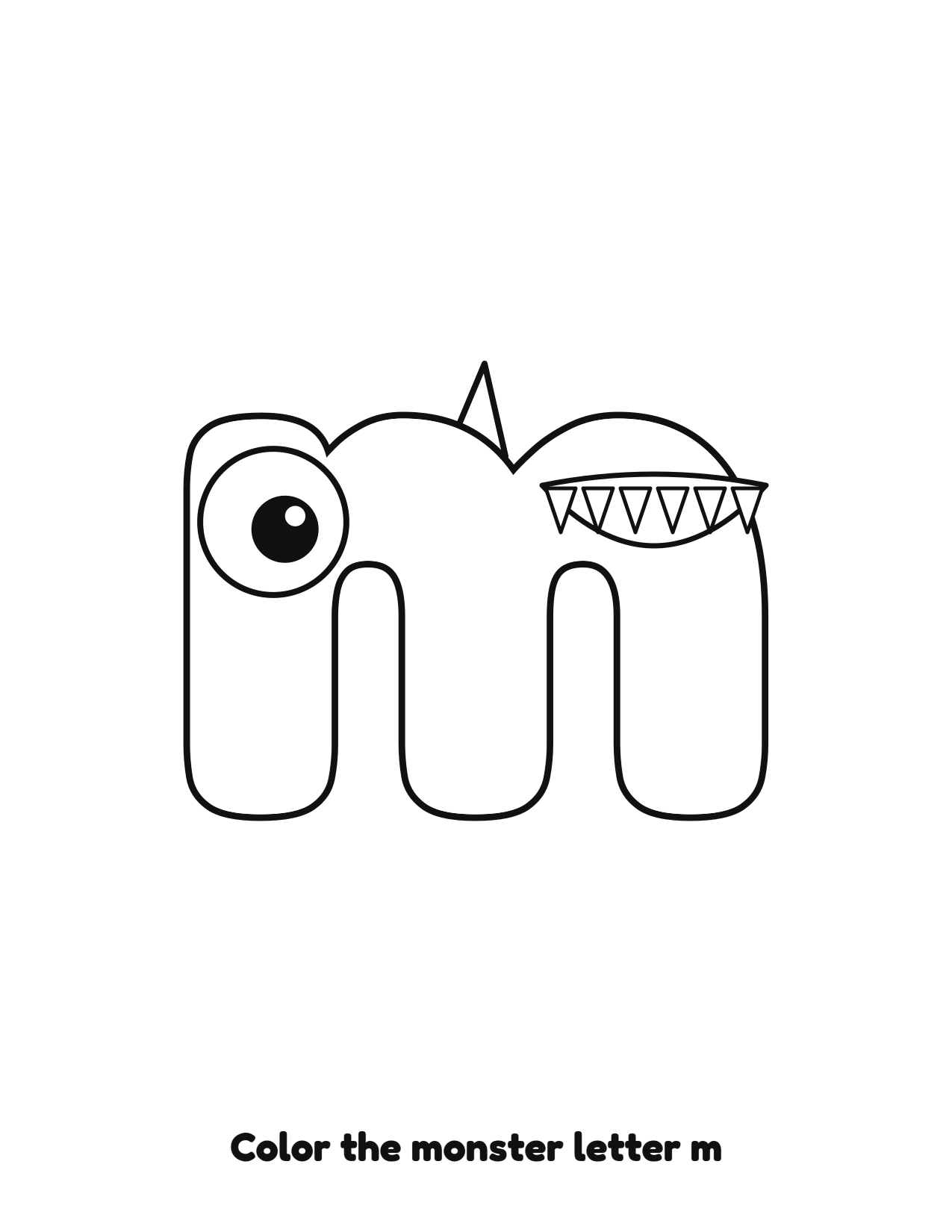 Halloween monster letter m lowercase alphabet coloring page with eyes and fangs