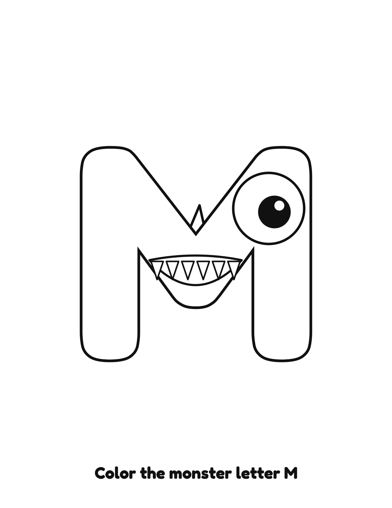 Halloween monster letter M uppercase alphabet coloring page with eyes and fangs