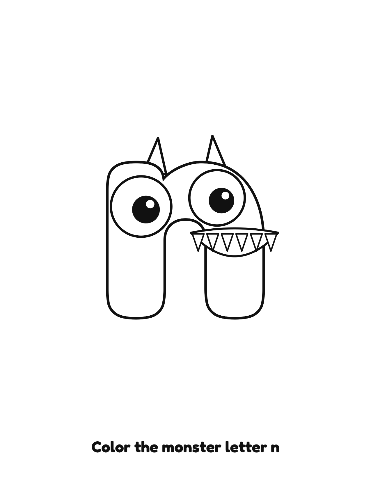 Halloween monster letter n lowercase alphabet coloring page with eyes and fangs