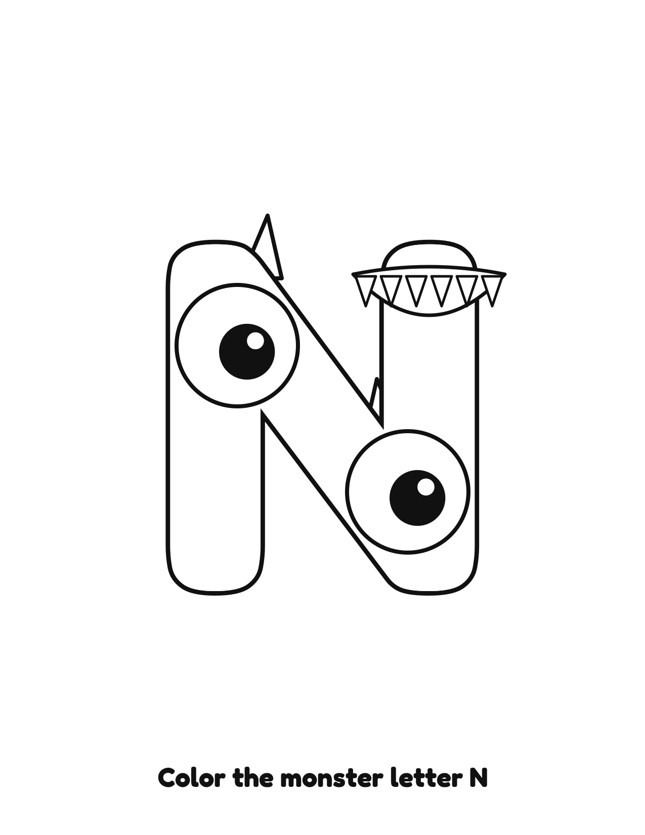 Halloween monster letter N uppercase alphabet coloring page with eyes and fangs