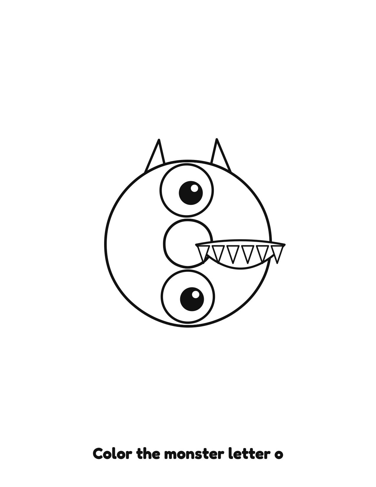 Halloween monster letter o lowercase alphabet coloring page with eyes and fangs