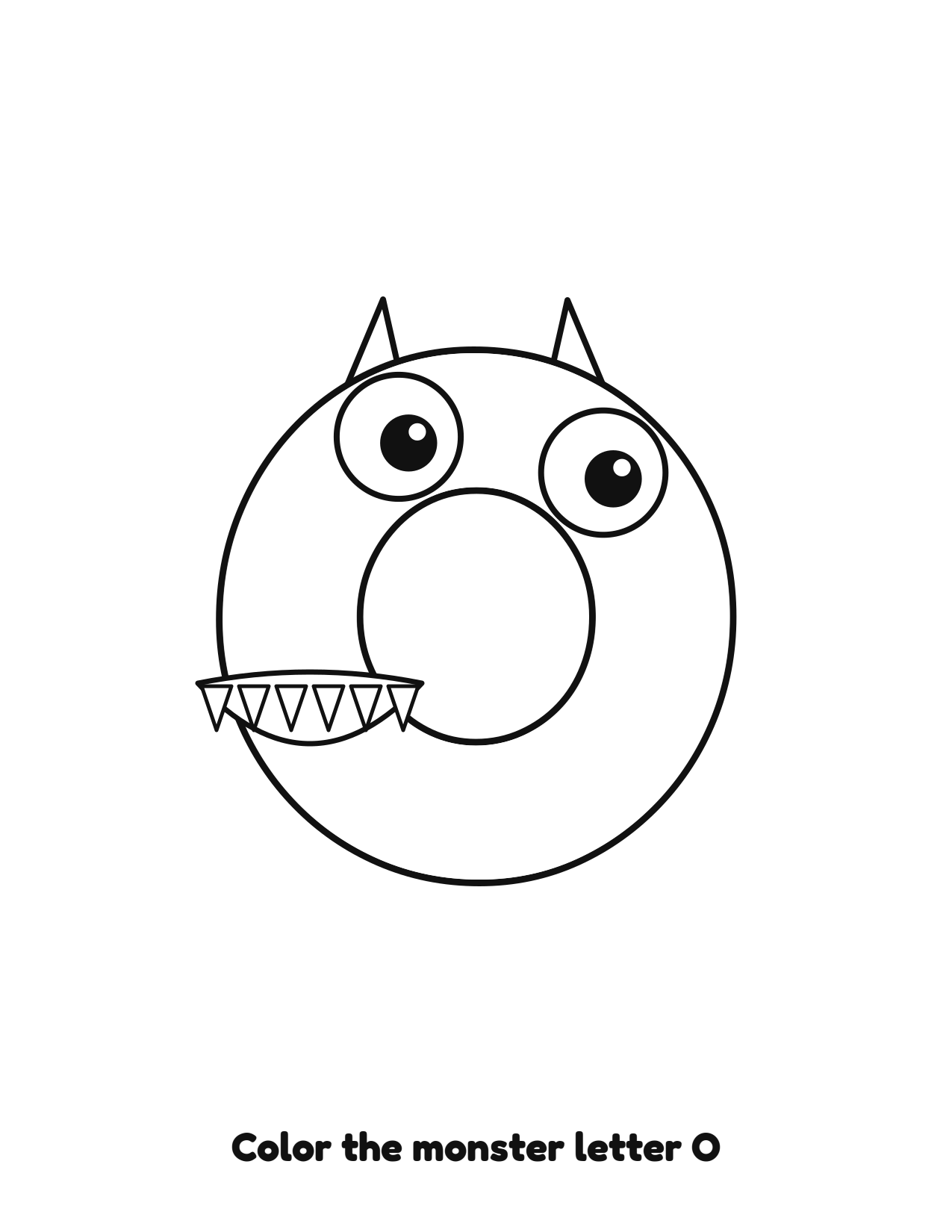 Halloween monster letter O uppercase alphabet coloring page with eyes and fangs