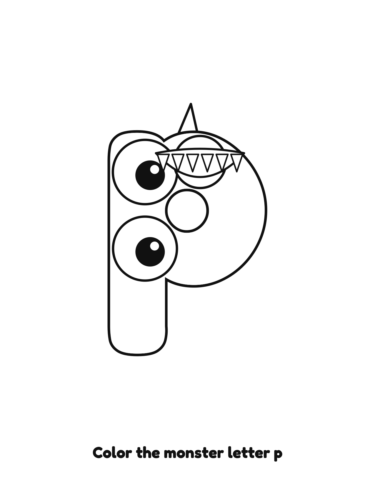 Halloween monster letter p lowercase alphabet coloring page with eyes and fangs