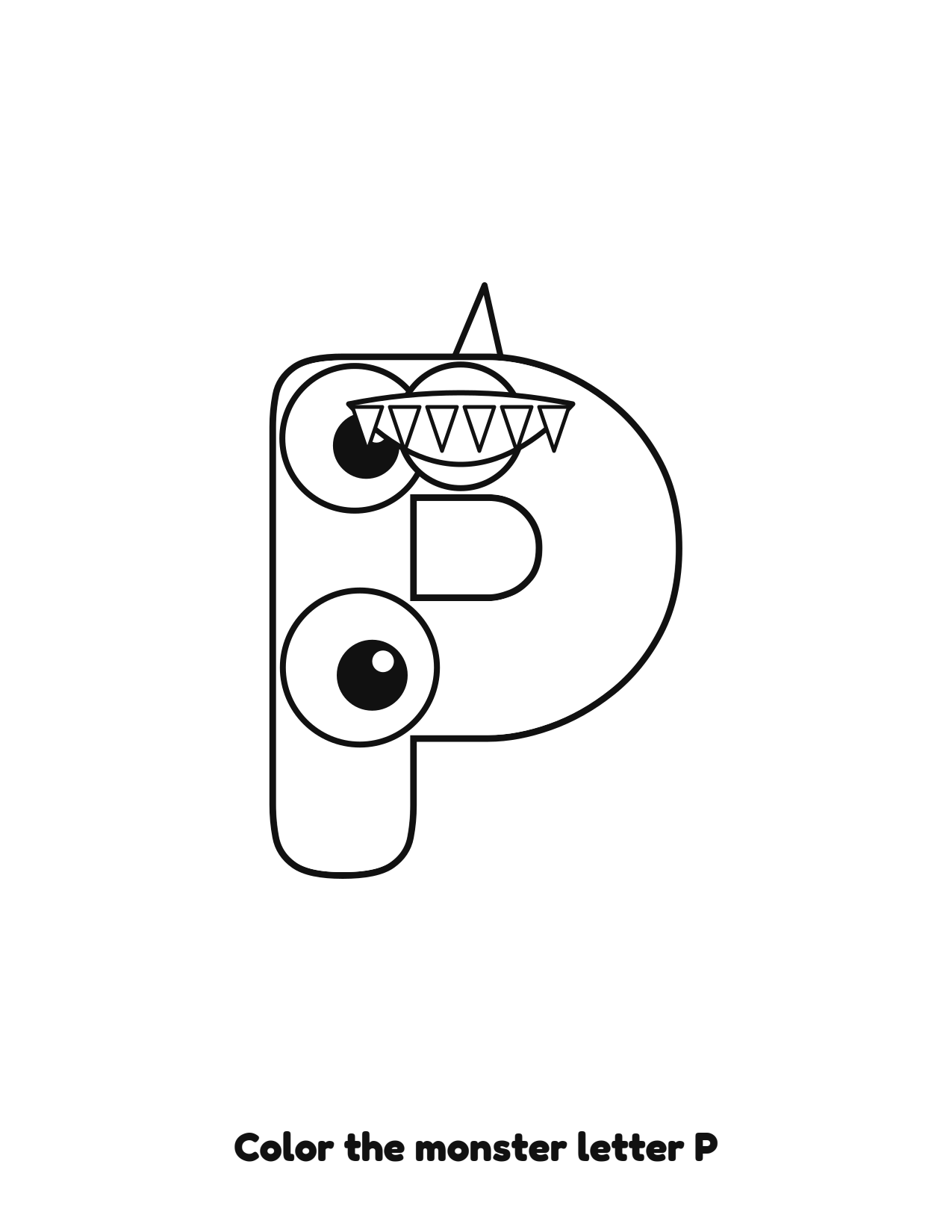 Halloween monster letter P uppercase alphabet coloring page with eyes and fangs
