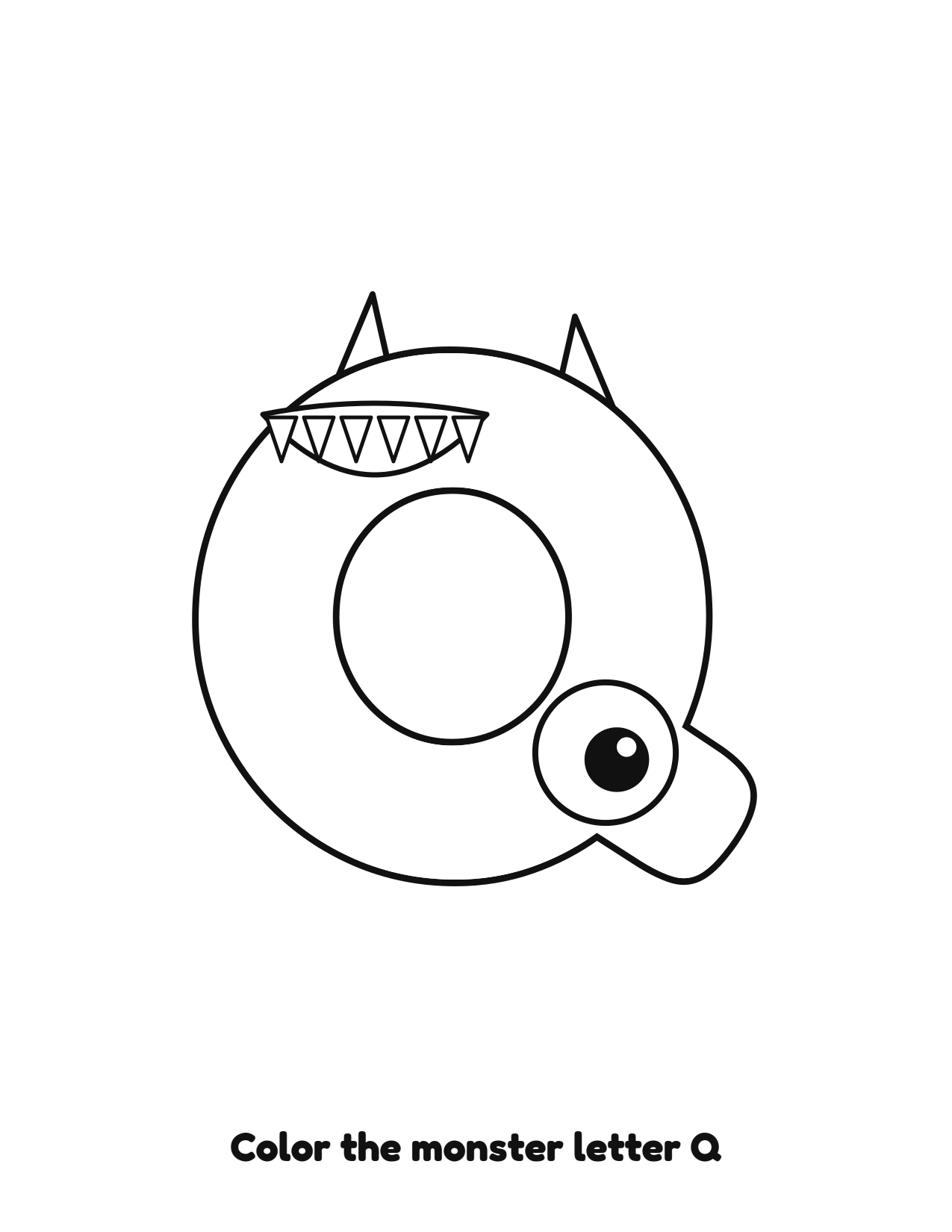 Halloween monster letter Q uppercase alphabet coloring page with eyes and fangs