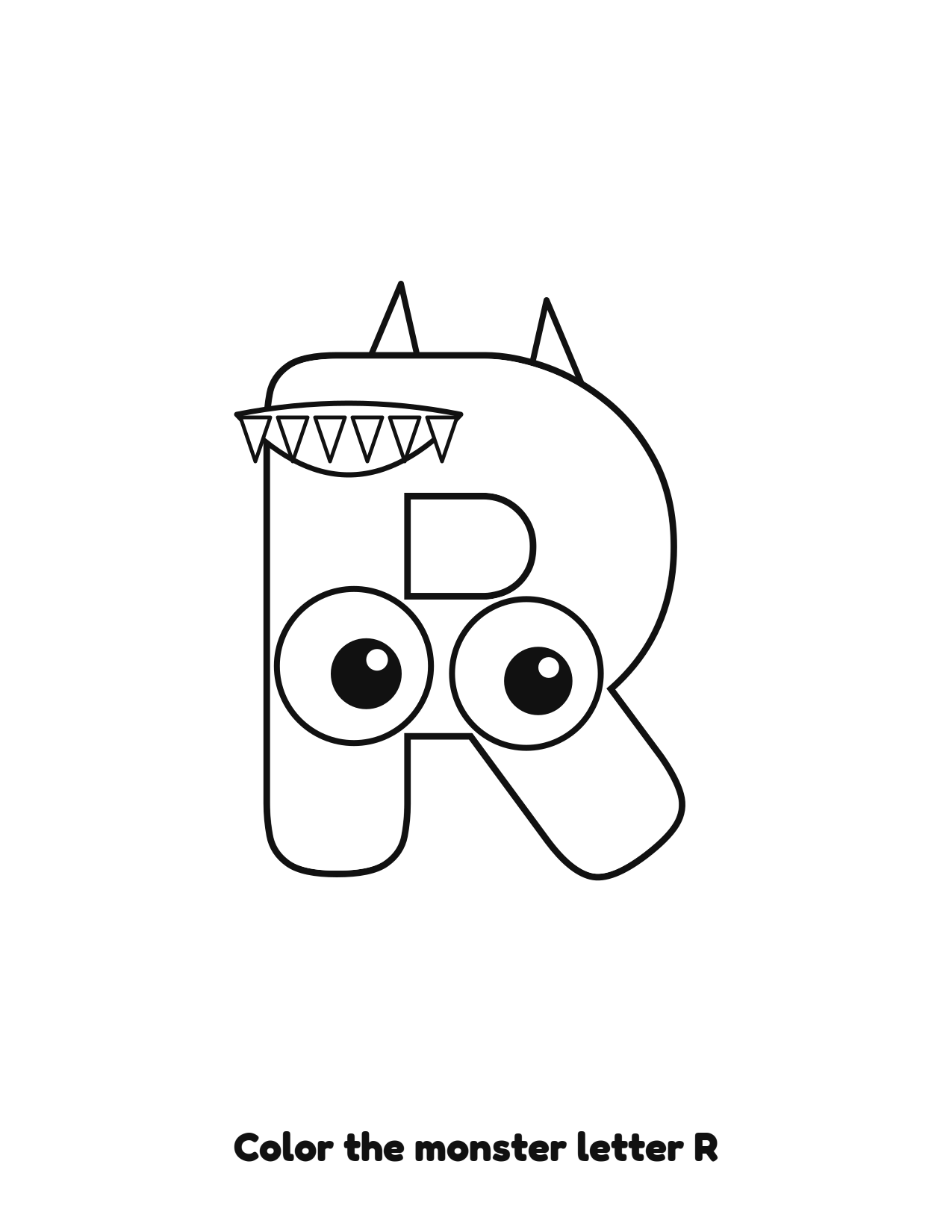 Halloween monster letter R uppercase alphabet coloring page with eyes and fangs
