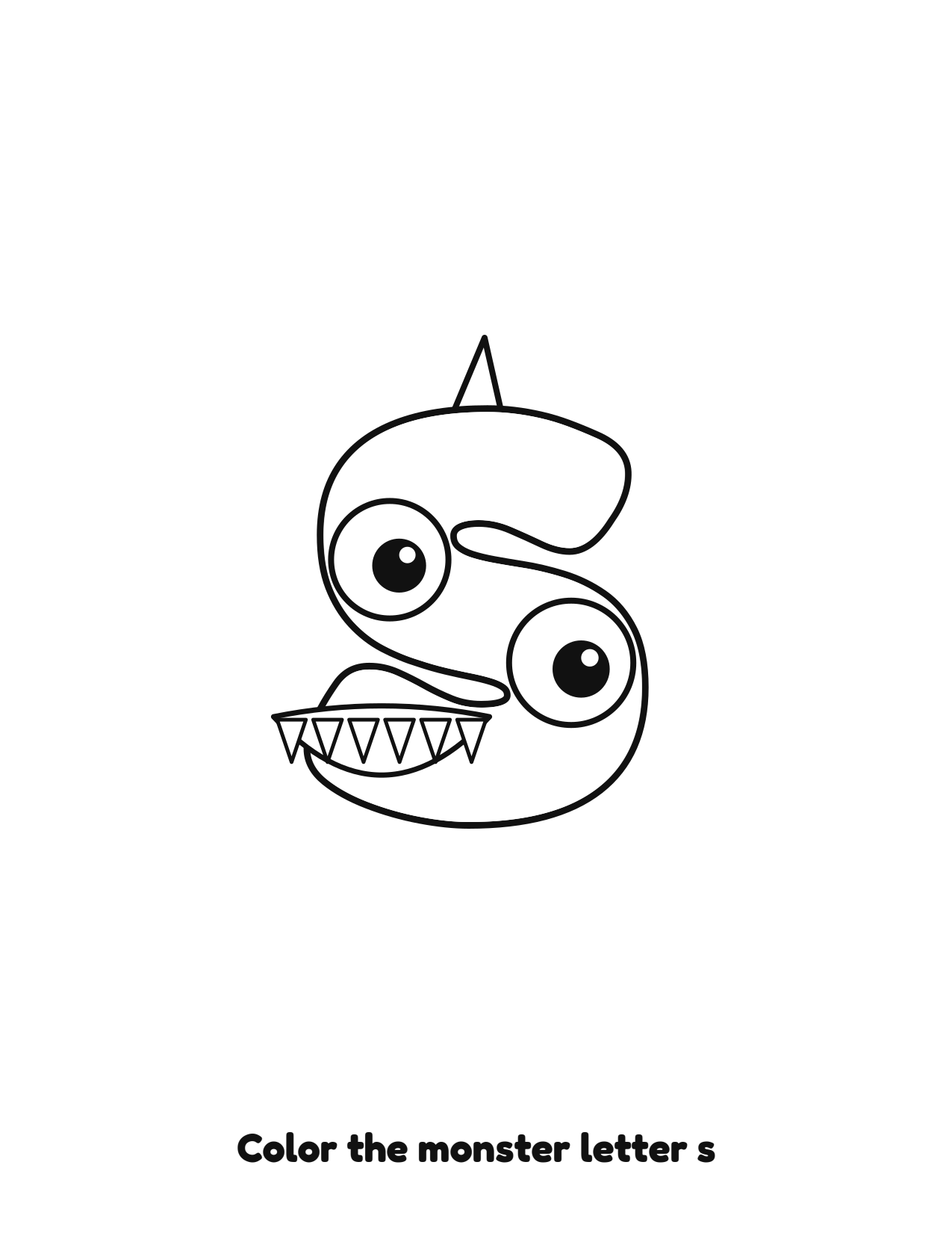 Halloween monster letter s lowercase alphabet coloring page with eyes and fangs