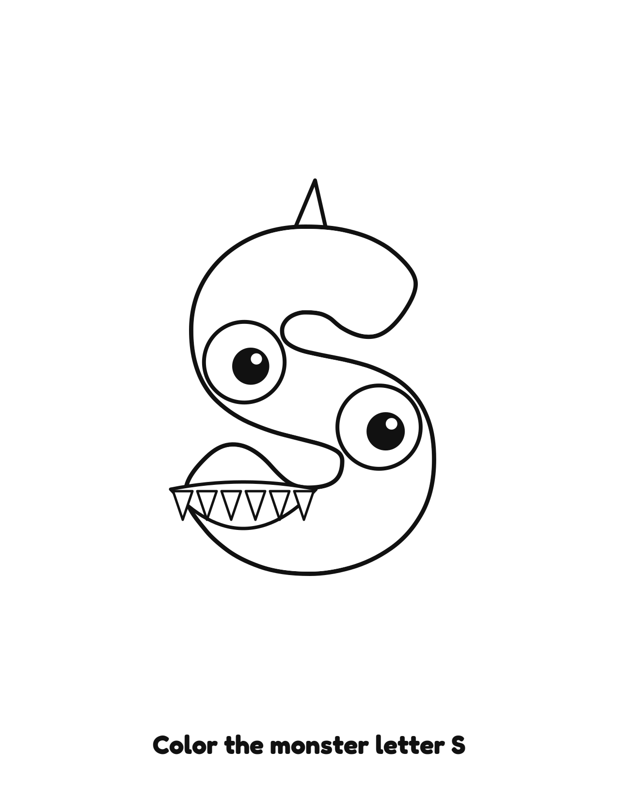 Halloween monster letter S uppercase alphabet coloring page with eyes and fangs