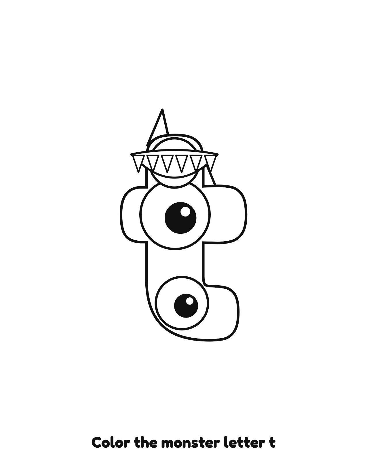 Halloween monster letter t lowercase alphabet coloring page with eyes and fangs