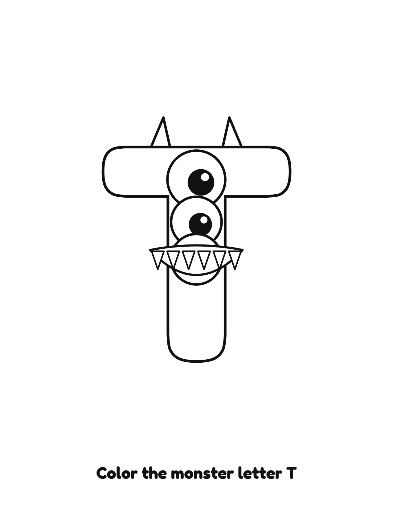 Halloween monster letter T uppercase alphabet coloring page with eyes and fangs