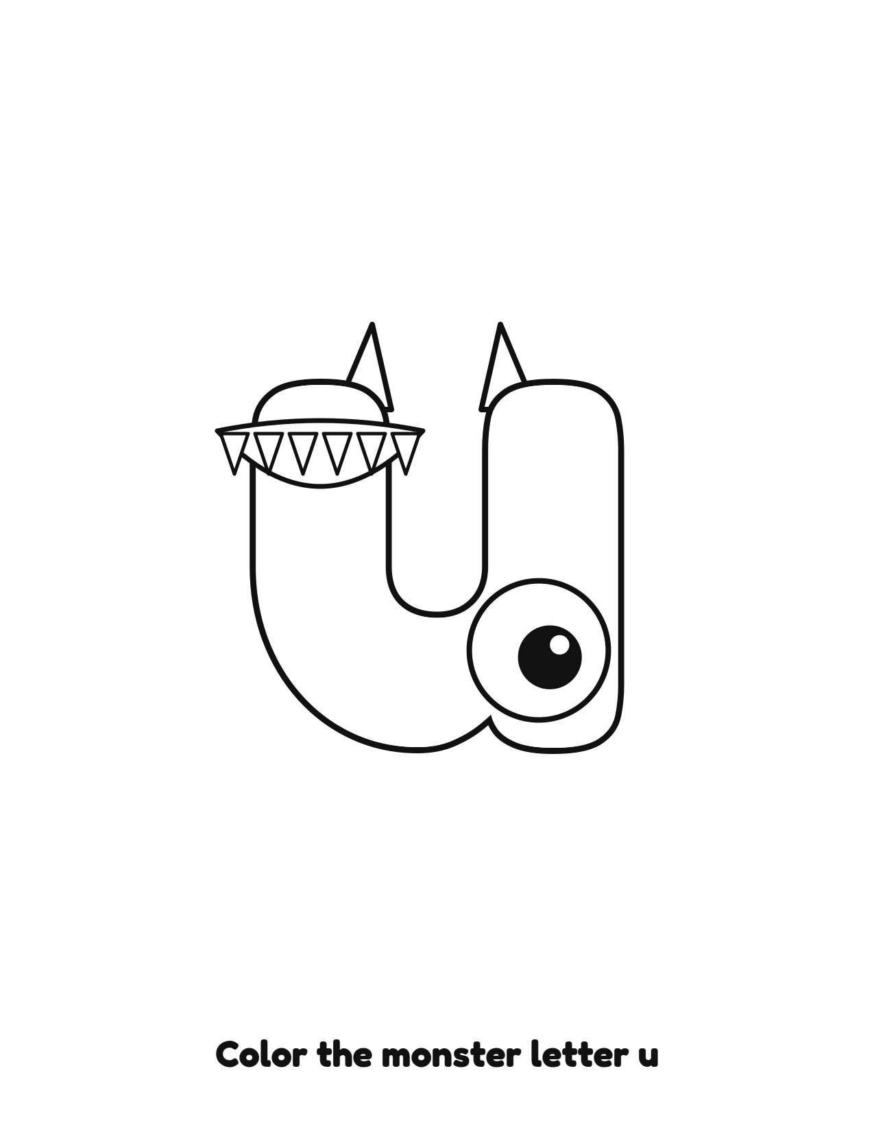 Halloween monster letter u lowercase alphabet coloring page with eyes and fangs