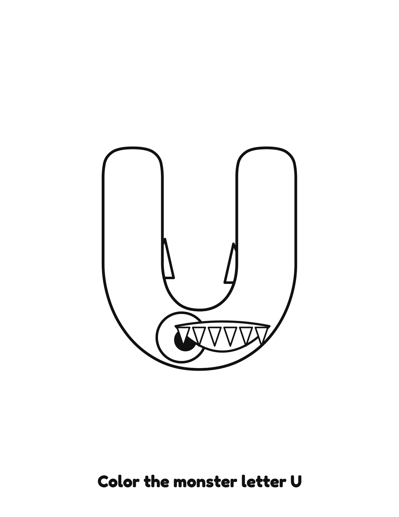 Halloween monster letter U uppercase alphabet coloring page with eyes and fangs