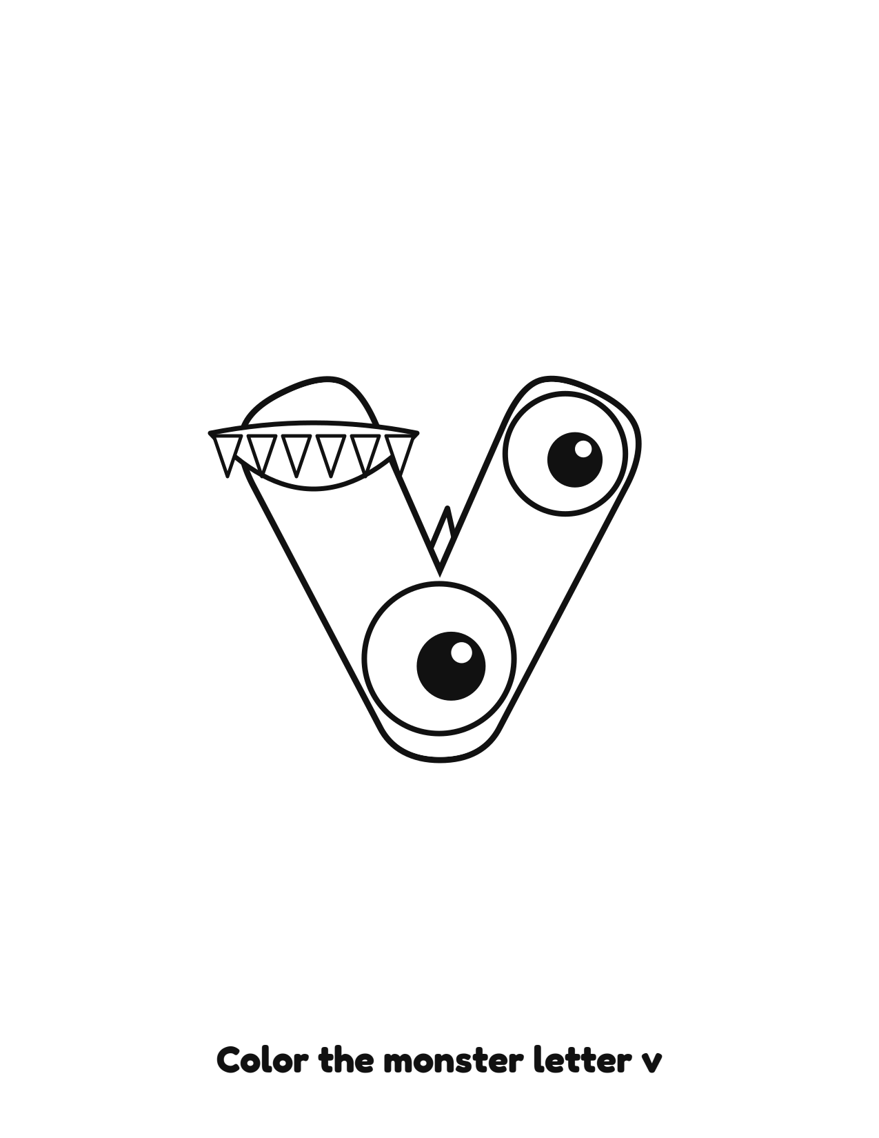 Halloween monster letter v lowercase alphabet coloring page with eyes and fangs