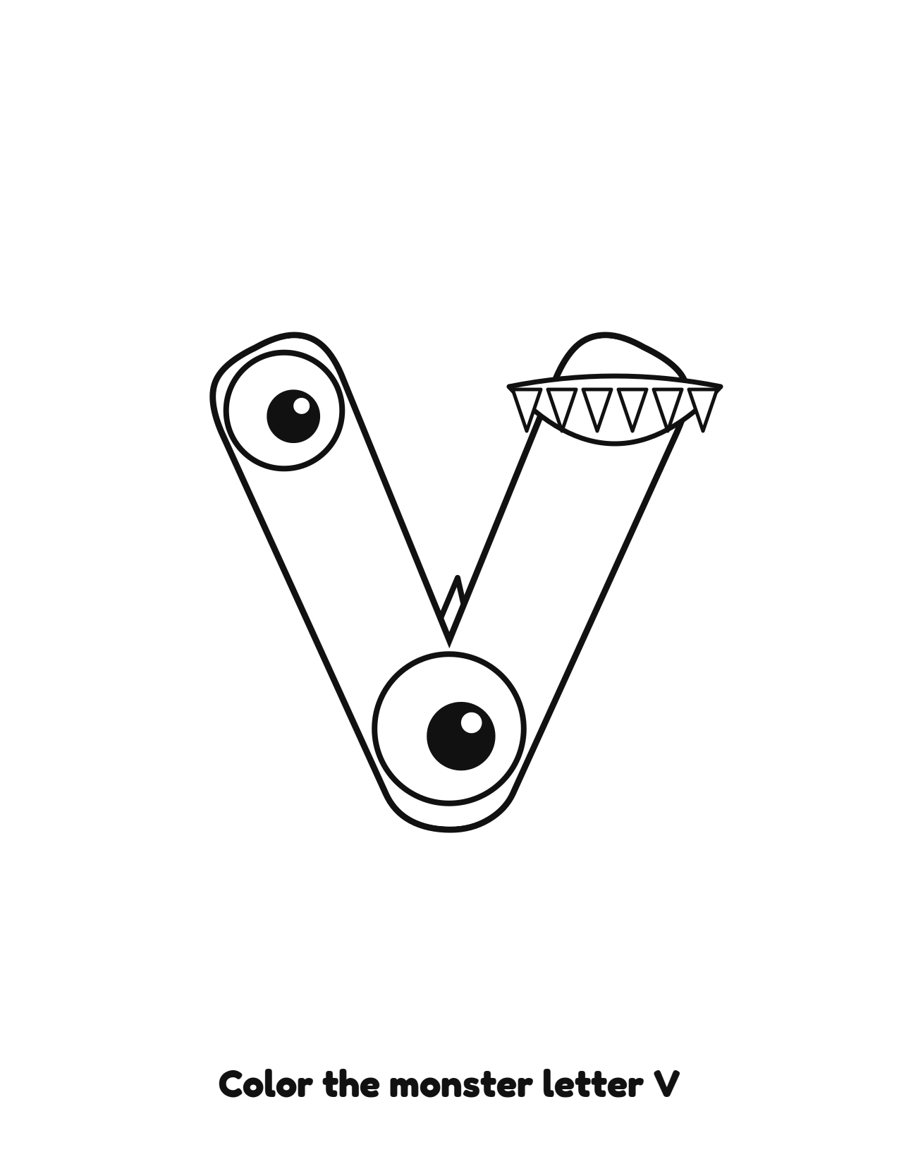 Halloween monster letter V uppercase alphabet coloring page with eyes and fangs