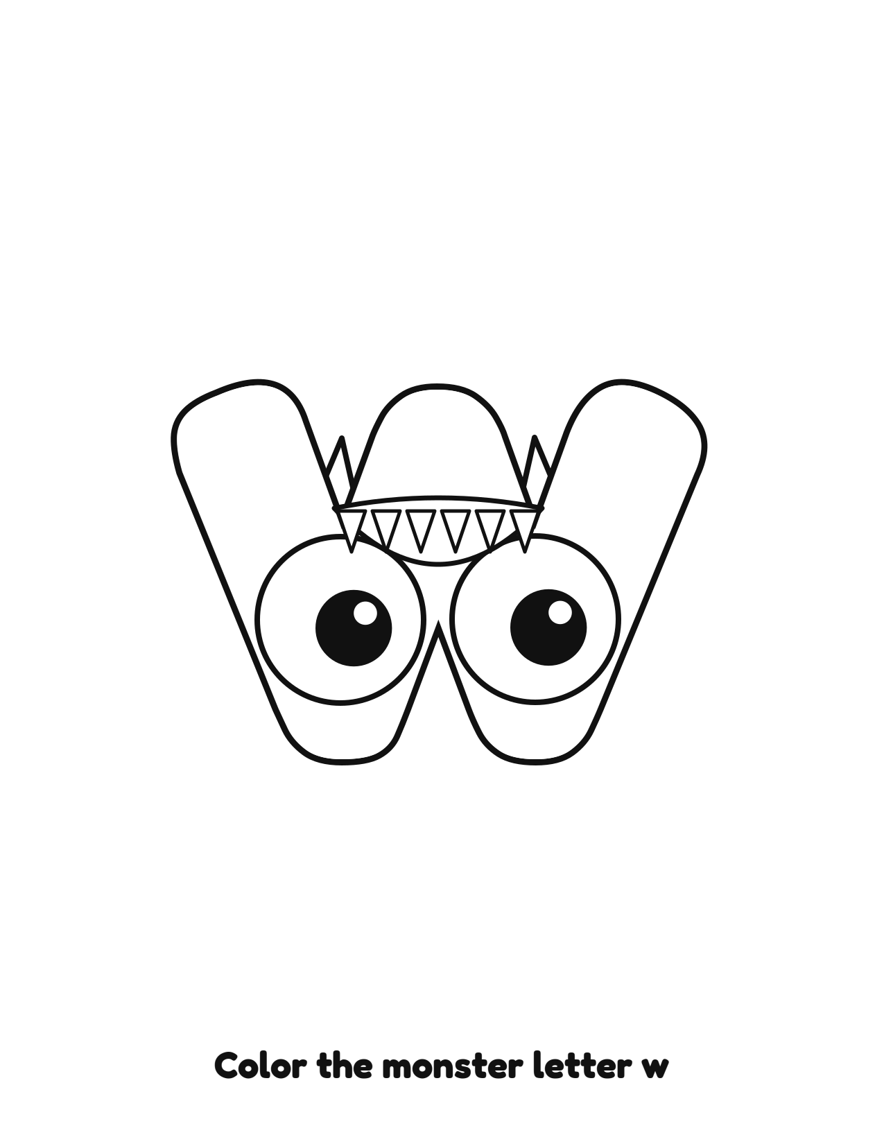 Halloween monster letter w lowercase alphabet coloring page with eyes and fangs