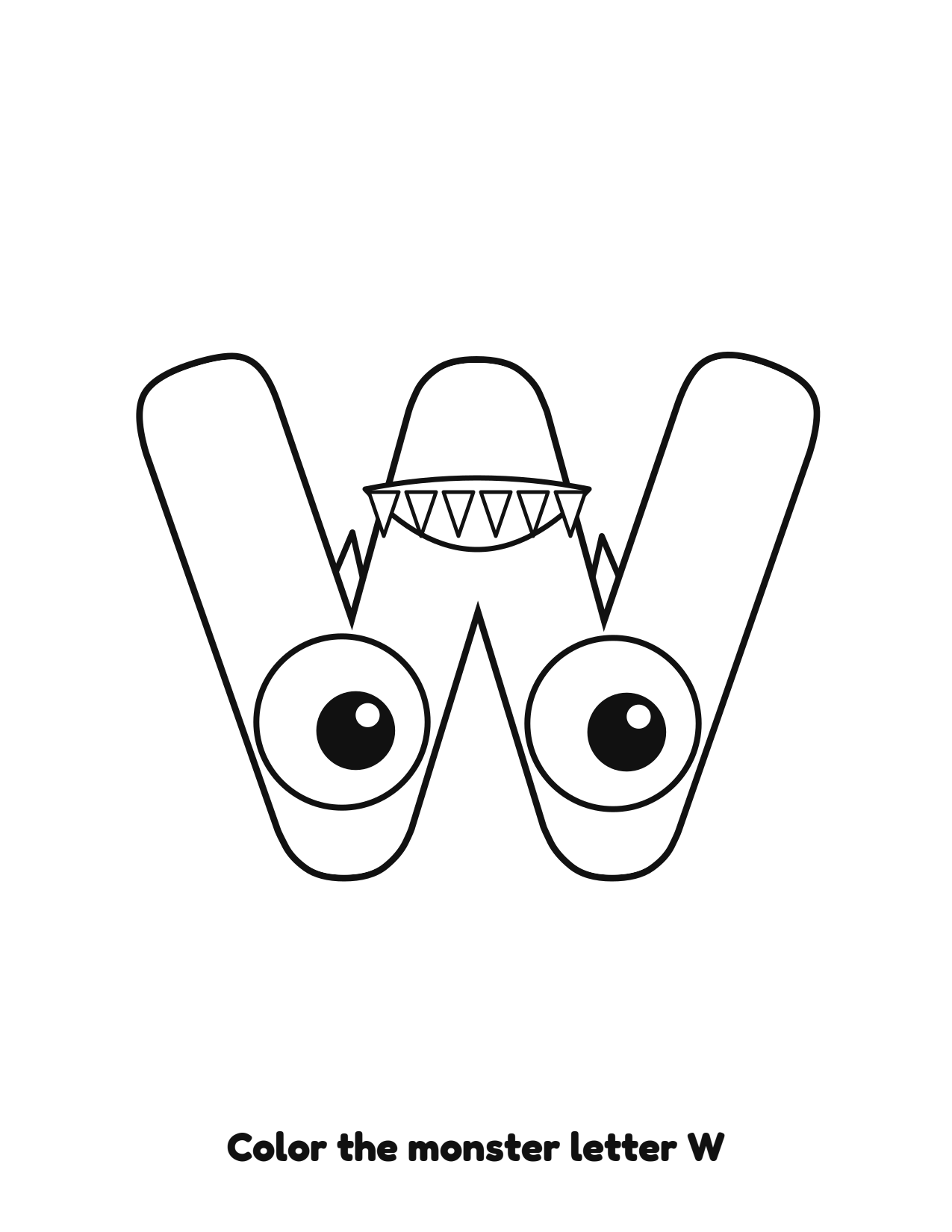 Halloween monster letter W uppercase alphabet coloring page with eyes and fangs