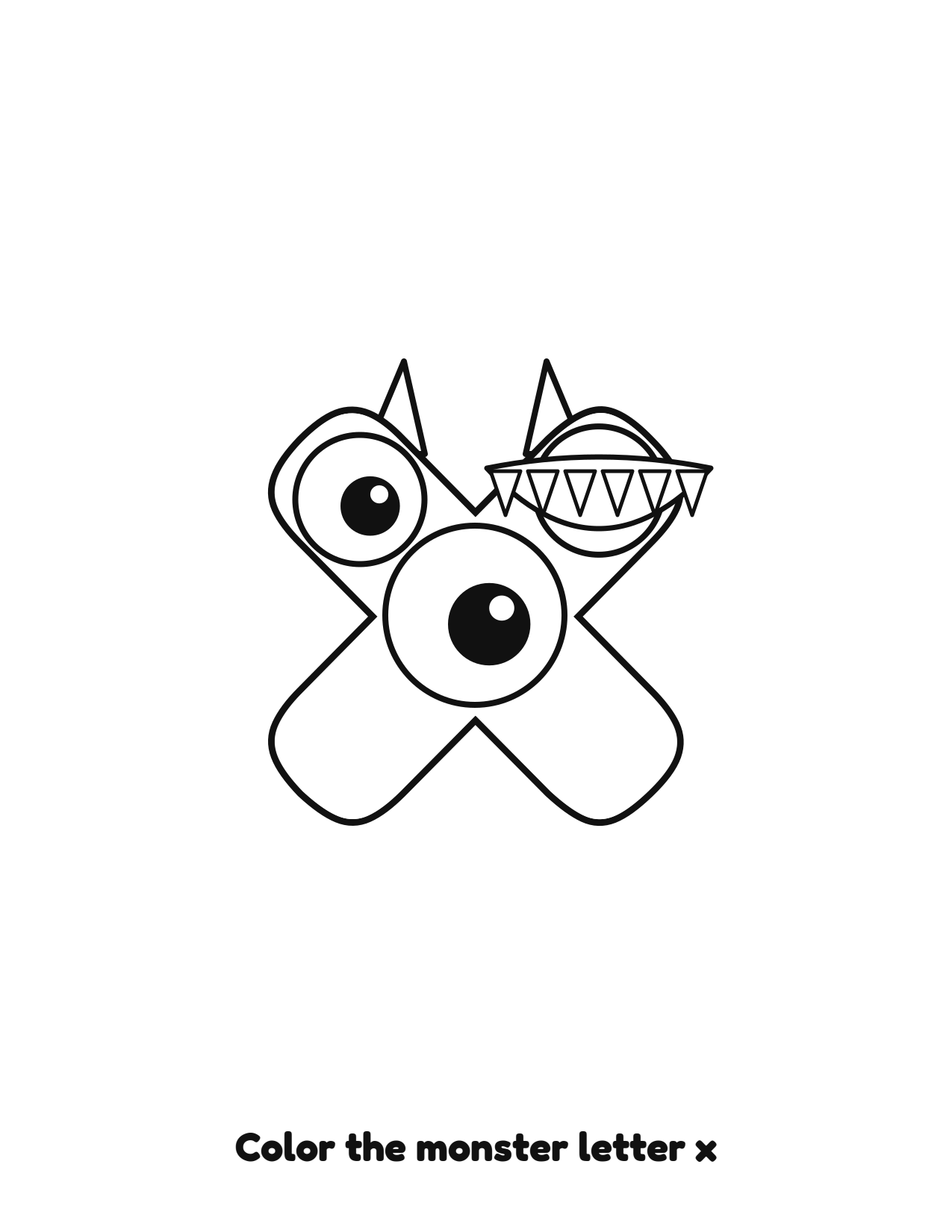 Halloween monster letter x lowercase alphabet coloring page with eyes and fangs