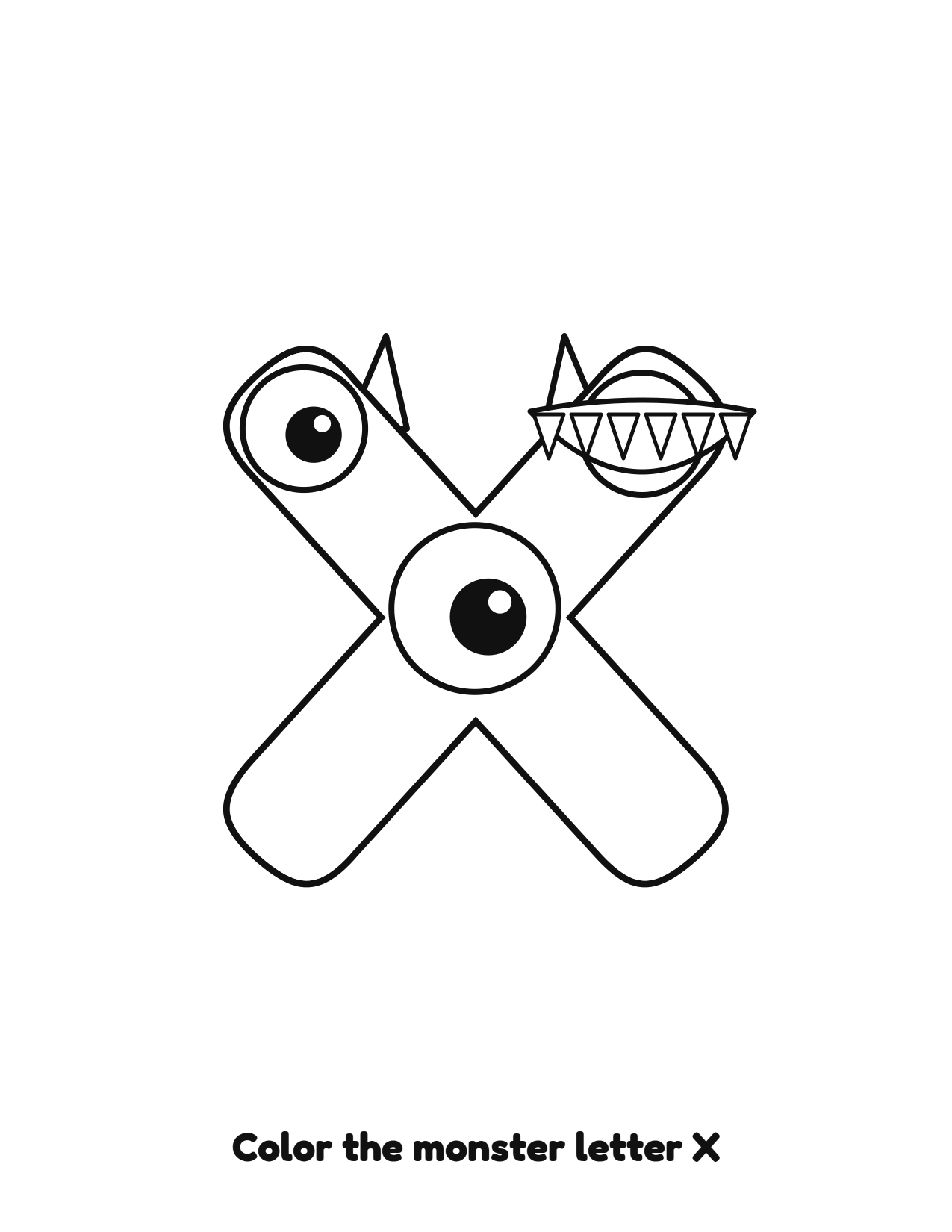 Halloween monster letter X uppercase alphabet coloring page with eyes and fangs