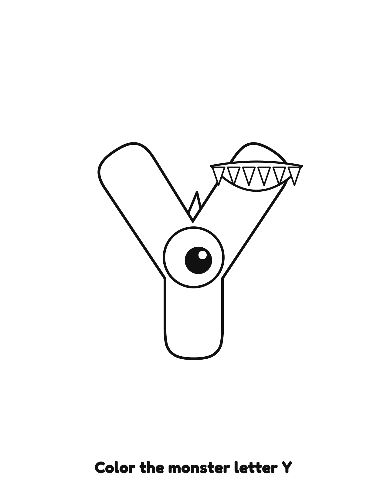 Halloween monster letter Y uppercase alphabet coloring page with eyes and fangs