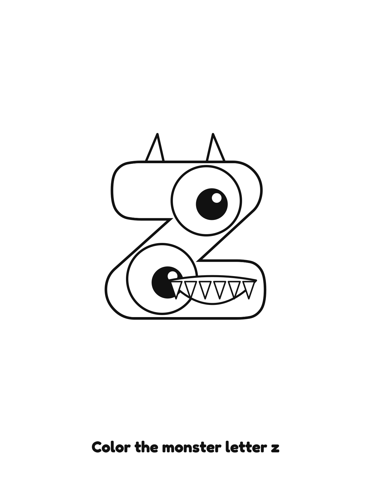 Halloween monster letter z lowercase alphabet coloring page with eyes and fangs