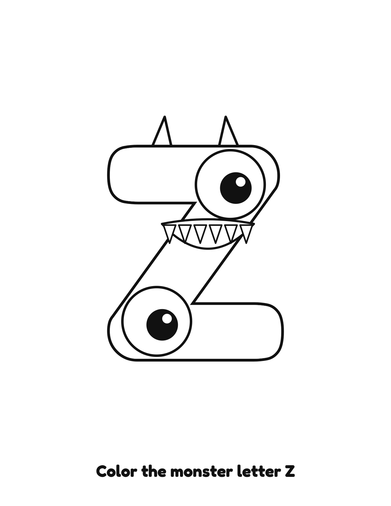 Halloween monster letter Z uppercase alphabet coloring page with eyes and fangs