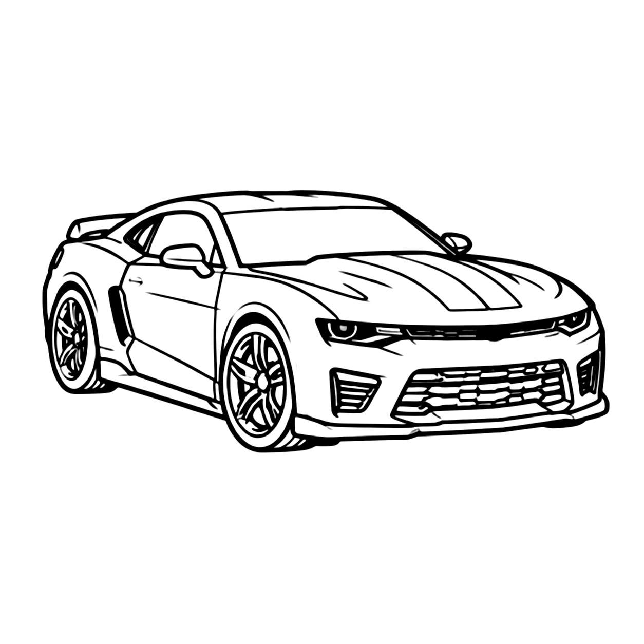 Muscle car coloring page 1: a muscle car with a long hood and racing stripes to print and color