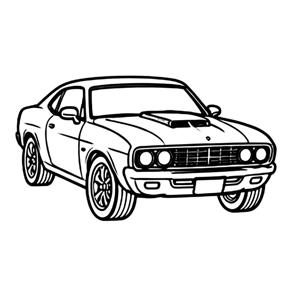 Muscle car coloring page 4: a muscle car with a long hood and racing stripes to print and color