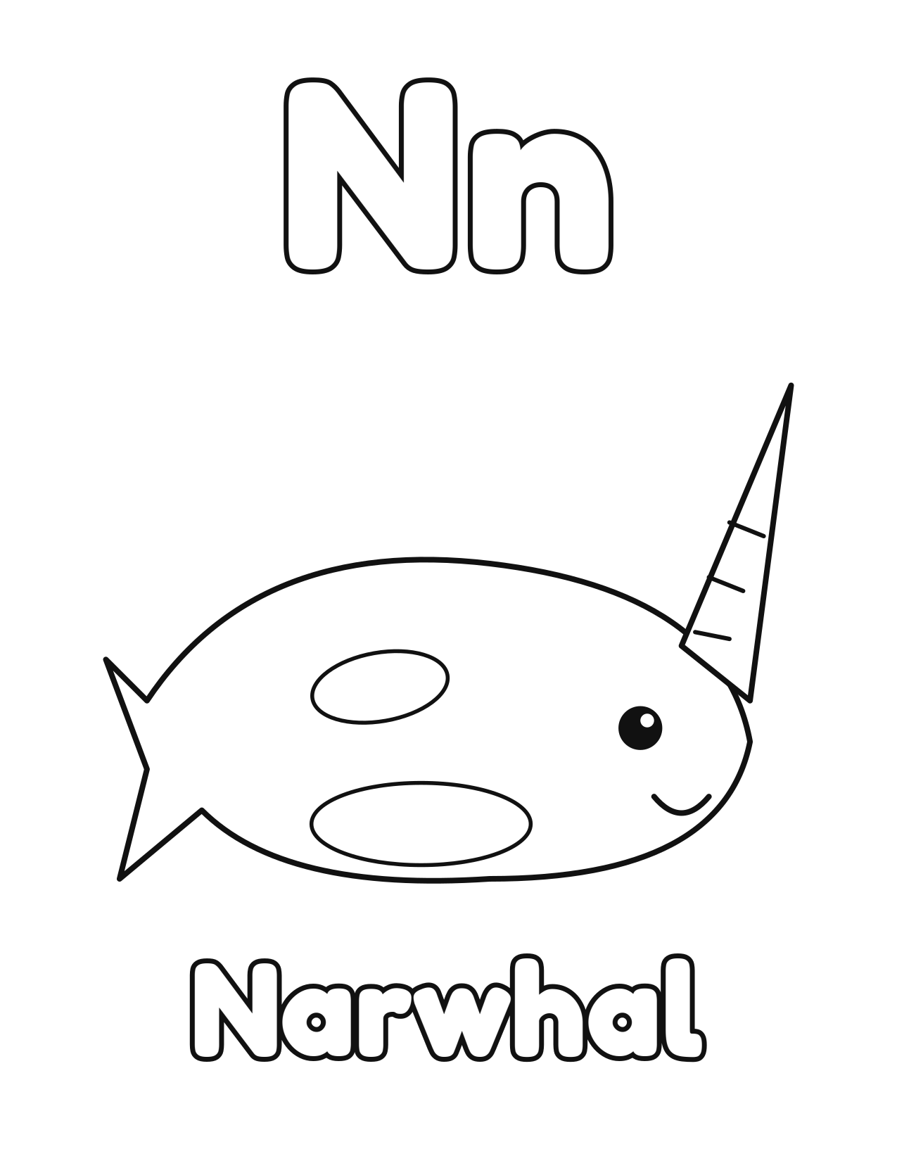 N is for Narwhal animal alphabet coloring page with a cute narwhal to color