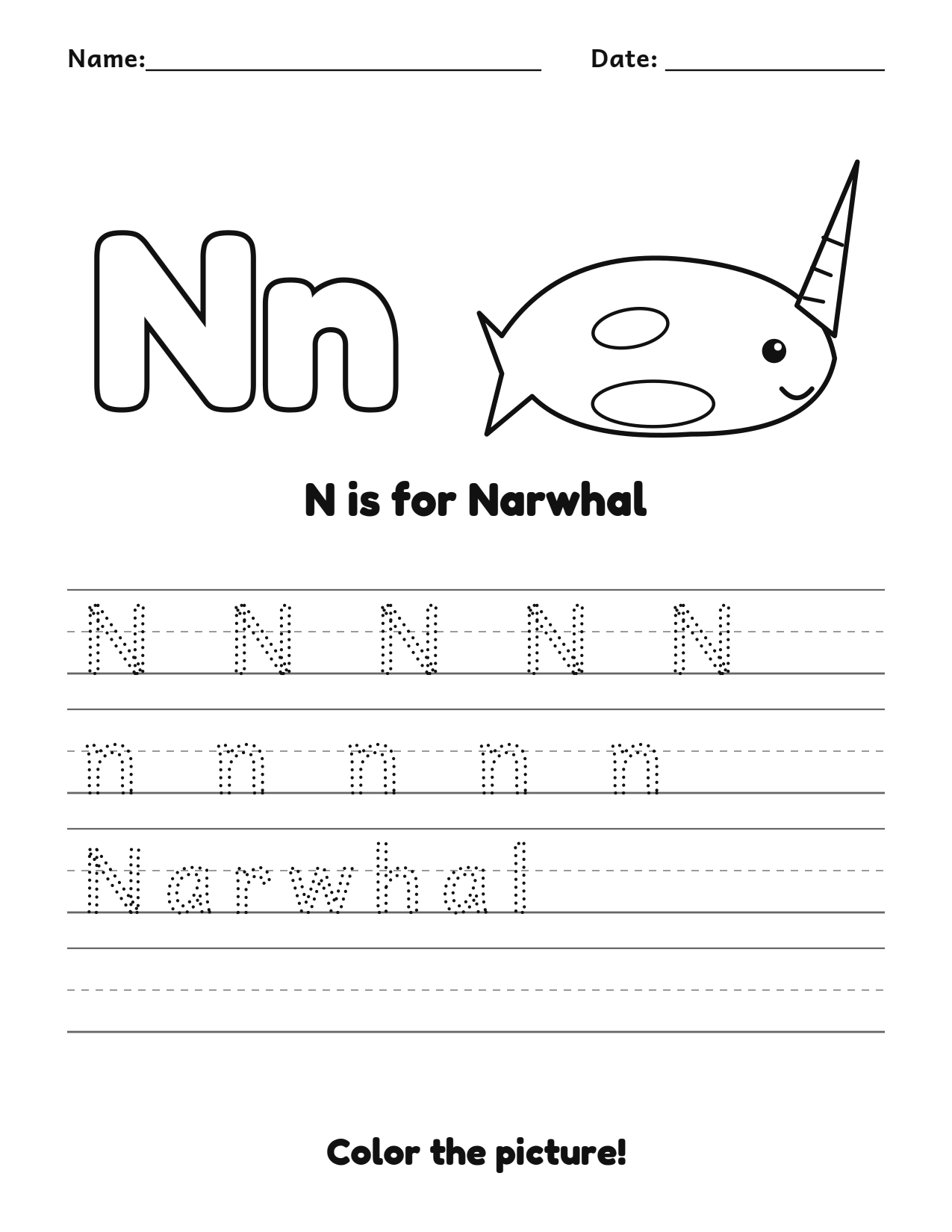 N is for Narwhal animal alphabet tracing worksheet with a narwhal picture and writing lines