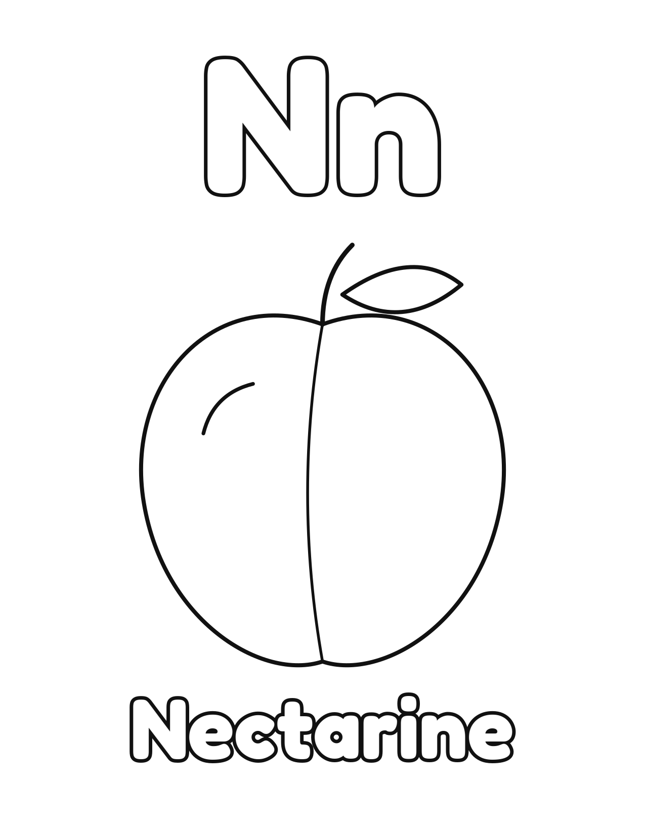 N is for Nectarine fruit and vegetable alphabet coloring page with nectarine to color