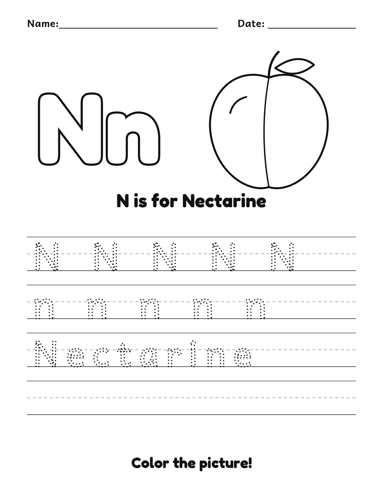 N is for Nectarine fruit and vegetable tracing worksheet with a nectarine picture and writing lines