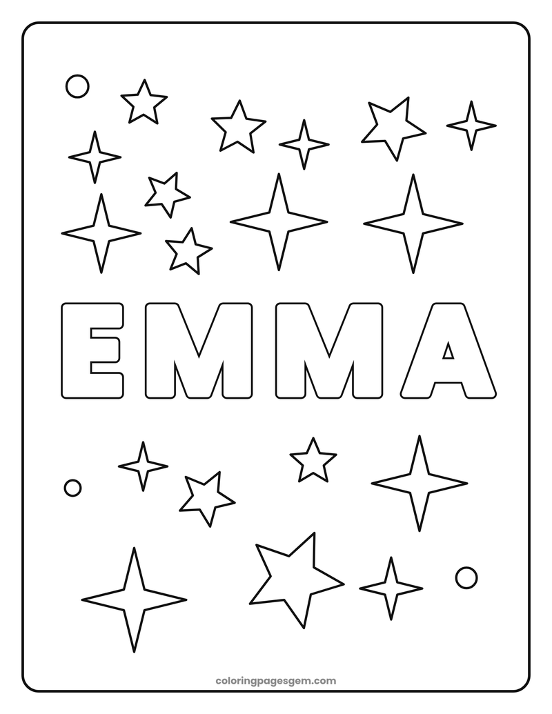 Name coloring page for Emma with roomy bubble letters and stars