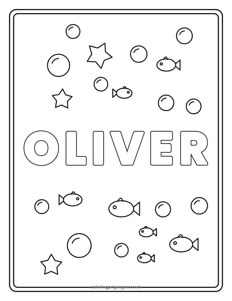 Name coloring page for Oliver with roomy bubble letters, fish and bubbles