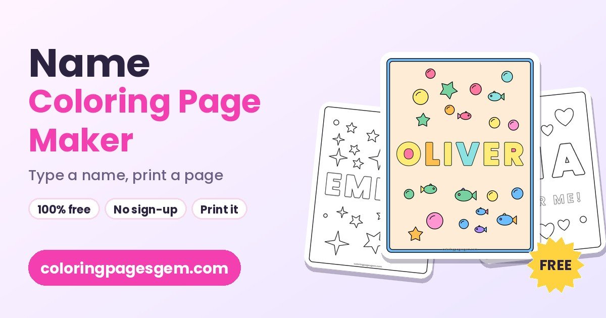 Name coloring page maker showing free printable name pages with roomy bubble letters