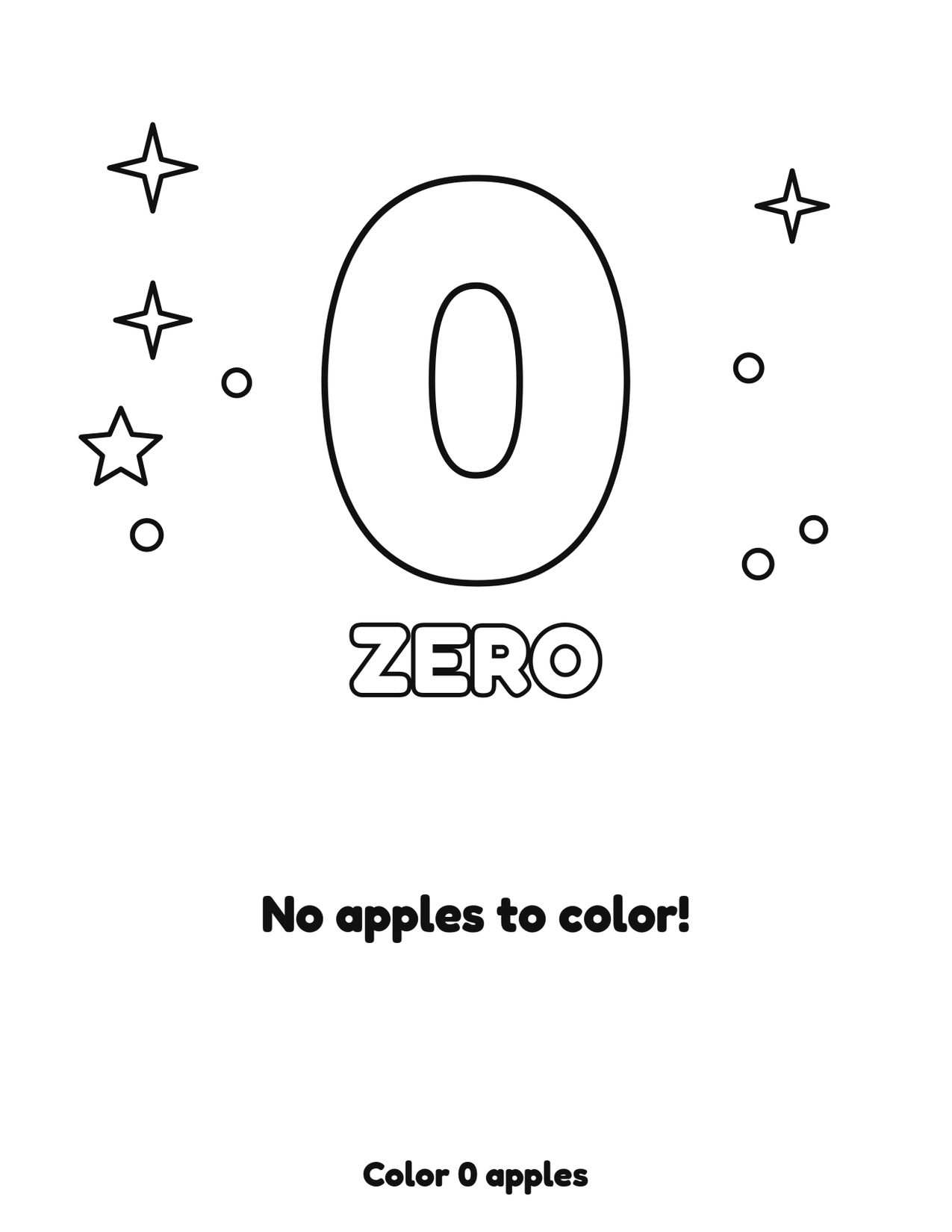 Number 0 (zero) coloring page with 0 apples to count and color