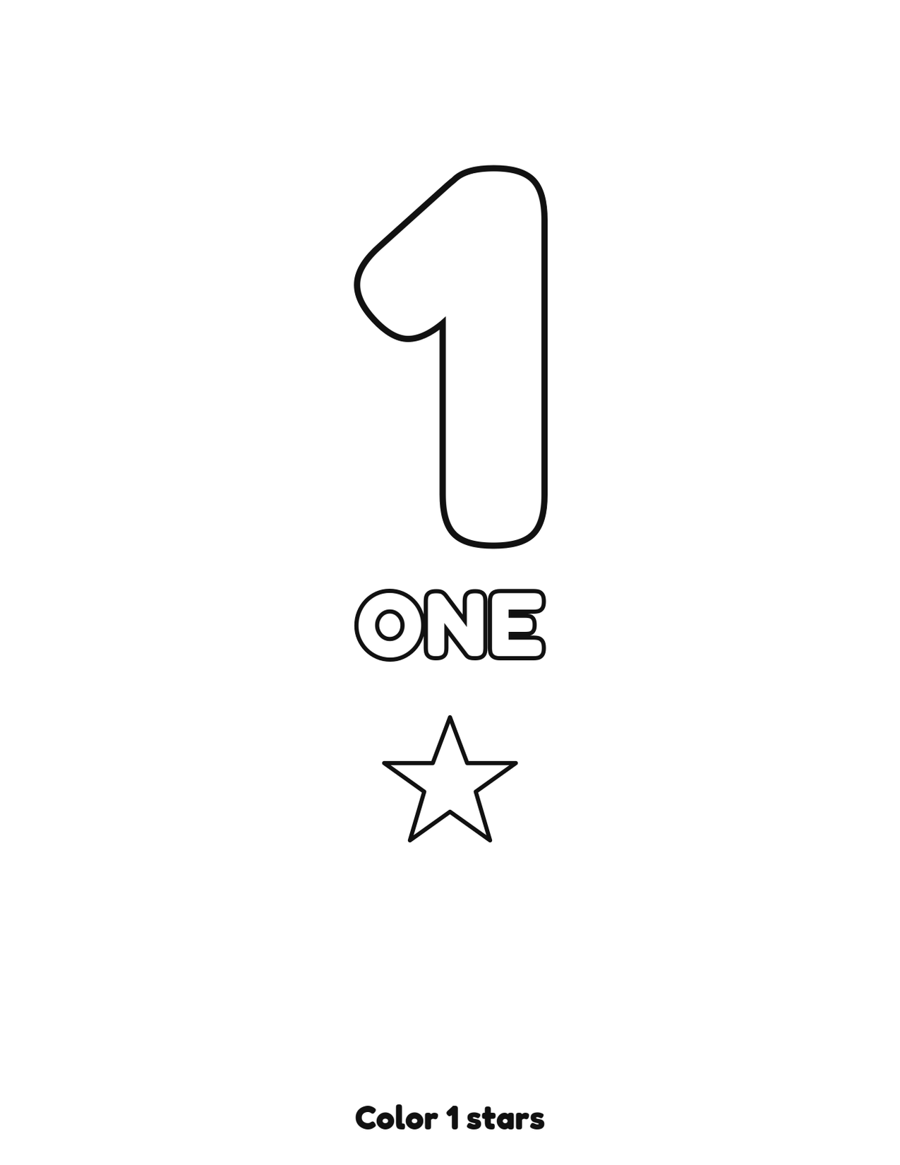 Number 1 (one) coloring page with 1 stars to count and color